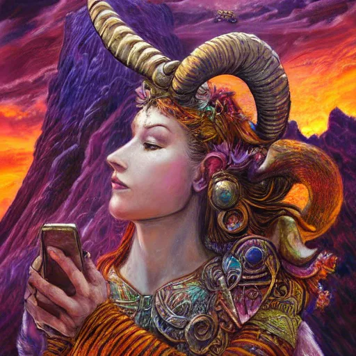 Image similar to horned ram goddess by josephine wall, checking her cell phone, erupting volcano and sunset in distance, flowers in foreground, trending on artstation, by senior concept artist, fantasy, zodiac, 8 k