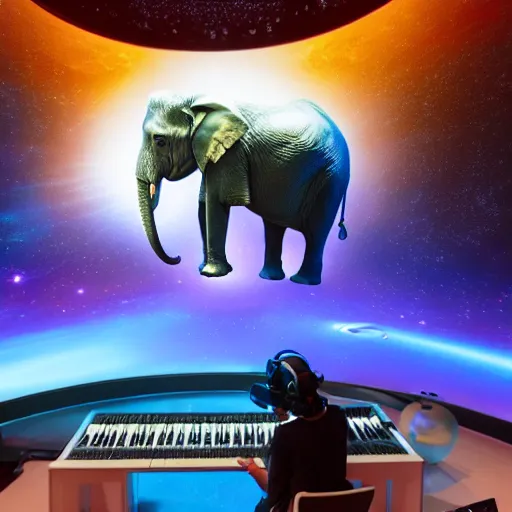 Image similar to a hyperrealistic 3D octane render of an elephant wearing an oculus rift and playing a keyboard inside of a dome planetarium with planets and galaxies, 8k, unreal engine, dramatic lighting, volumetric lighting, uplighting, ray tracing, photorealistic,