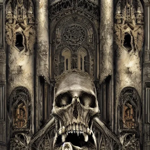 Prompt: an evolution of evil. abstract, decay, giger textures, h. r. giger infinitely complex detail, ornate cathedral interior, ghostly figure, morphing skulls