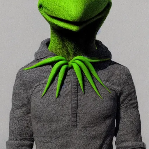 Prompt: kermit, wearing seaweed on his face, trending on artstation, hiroaki tsutsumi style