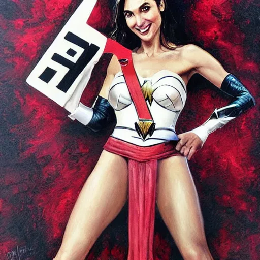 Image similar to Gal Gadot holding a sign that says M I T C H I E P O O !!!! as painted by Ralph Horsley