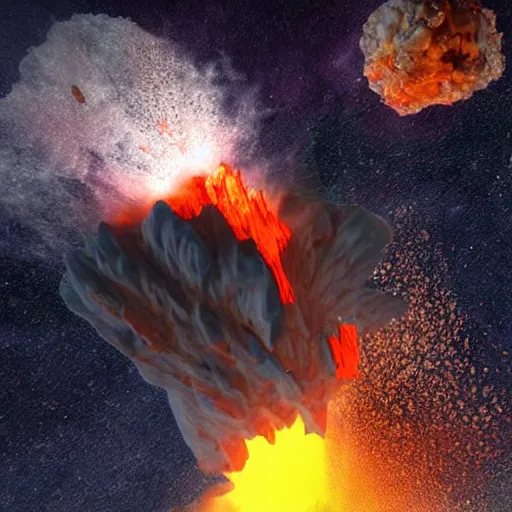 Image similar to fiery meteorite crashing into an active volcano, artist's impression