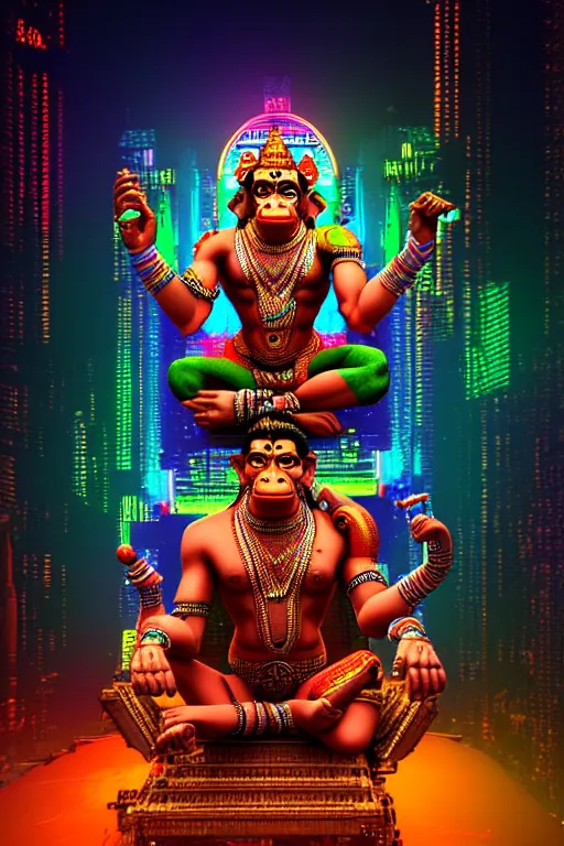 Prompt: high quality 3 d render colorful cyborg! hanuman sitting, gold madhubani, highly detailed, cyberpunk!! mumbai in the background, unreal engine cinematic smooth, szukalski & blade runner, moody neon light, low angle, uhd 8 k, sharp focus