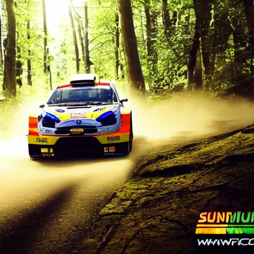 Image similar to 3 rally cars racing through a forest with a river behind them, sun shining through the trees, motion blur high detail ultra realistic