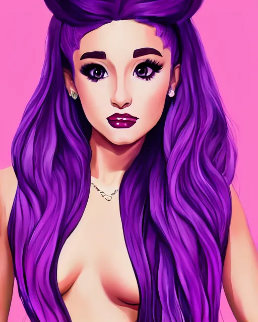 Image similar to beautiful Ariana Grande purple-hair tattoos symmetrical face stunning eyes full length fantasy art icon, 2d art gta5 cover, official fanart behance hd artstation