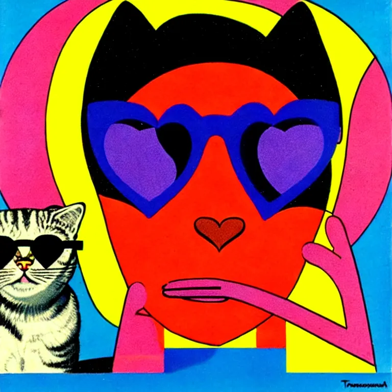 Prompt: by tadanori yokoo. a cat wearing heart shaped sunglasses. a 1 9 8 0 s retro illustration. detailed, sunburst