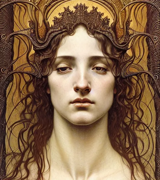 Prompt: detailed realistic beautiful young medieval sade face portrait by jean delville, gustave dore and marco mazzoni, art nouveau, symbolist, visionary, gothic, pre - raphaelite. horizontal symmetry by zdzisław beksinski, iris van herpen, raymond swanland and alphonse mucha. highly detailed, hyper - real, beautiful, fractal baroque