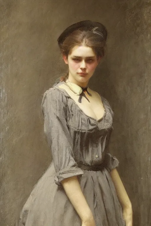 Image similar to Solomon Joseph Solomon and Richard Schmid and Jeremy Lipking victorian genre painting full length portrait painting of a young beautiful woman victorian german bar maid