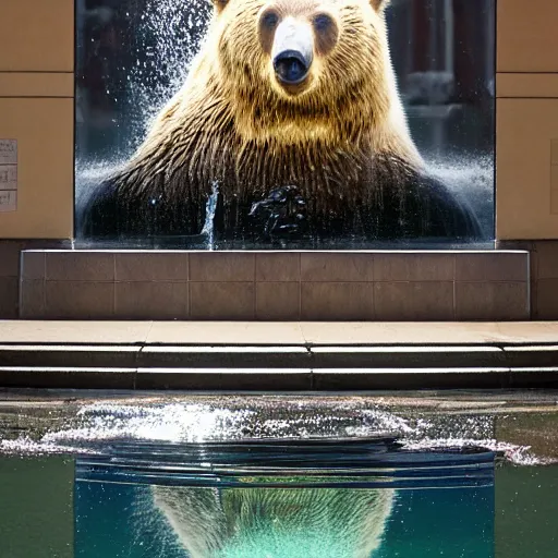 Image similar to a bear in a fountain in an empty mall, high resolution photograph, paul nicklen, atmospheric lighting