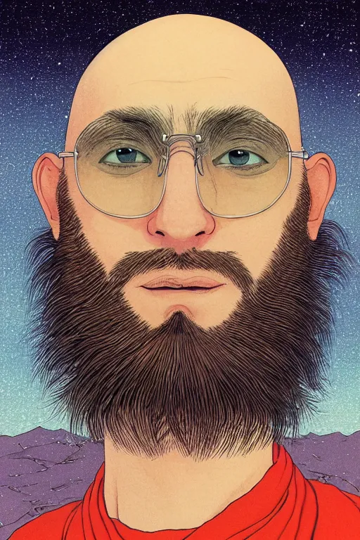 Image similar to a colorful closeup portrait of a young bald man with a very long wild beard dreaming psychedelic hallucinations in the vast icy landscape of antarctica, by kawase hasui, moebius and edward hopper, colorful flat surreal design, hd, 8 k, artstation