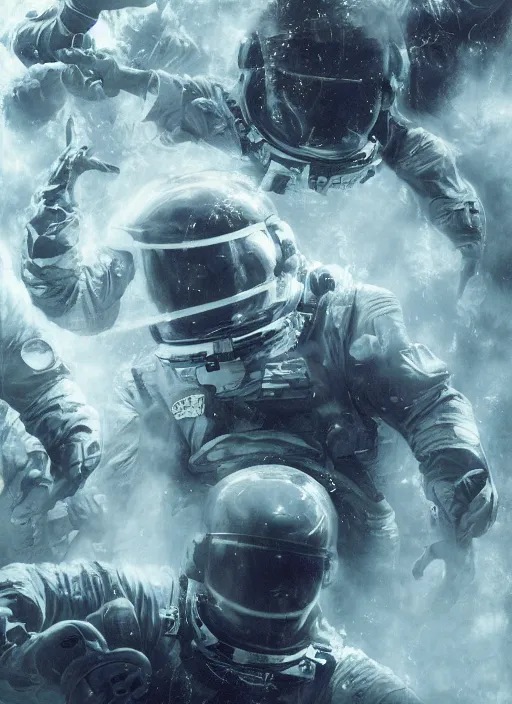 Image similar to astronauts in dark and empty void underwater - complex and hyperdetailed technical suit. reflection and dispersion materials. rays and dispersion of light. volumetric light. 5 0 mm, f / 3 2. noise film photo. flash photography. ultra realistic, wide angle. poster by wayne barlowe, hajime sorayama aaron horkey, craig mullins