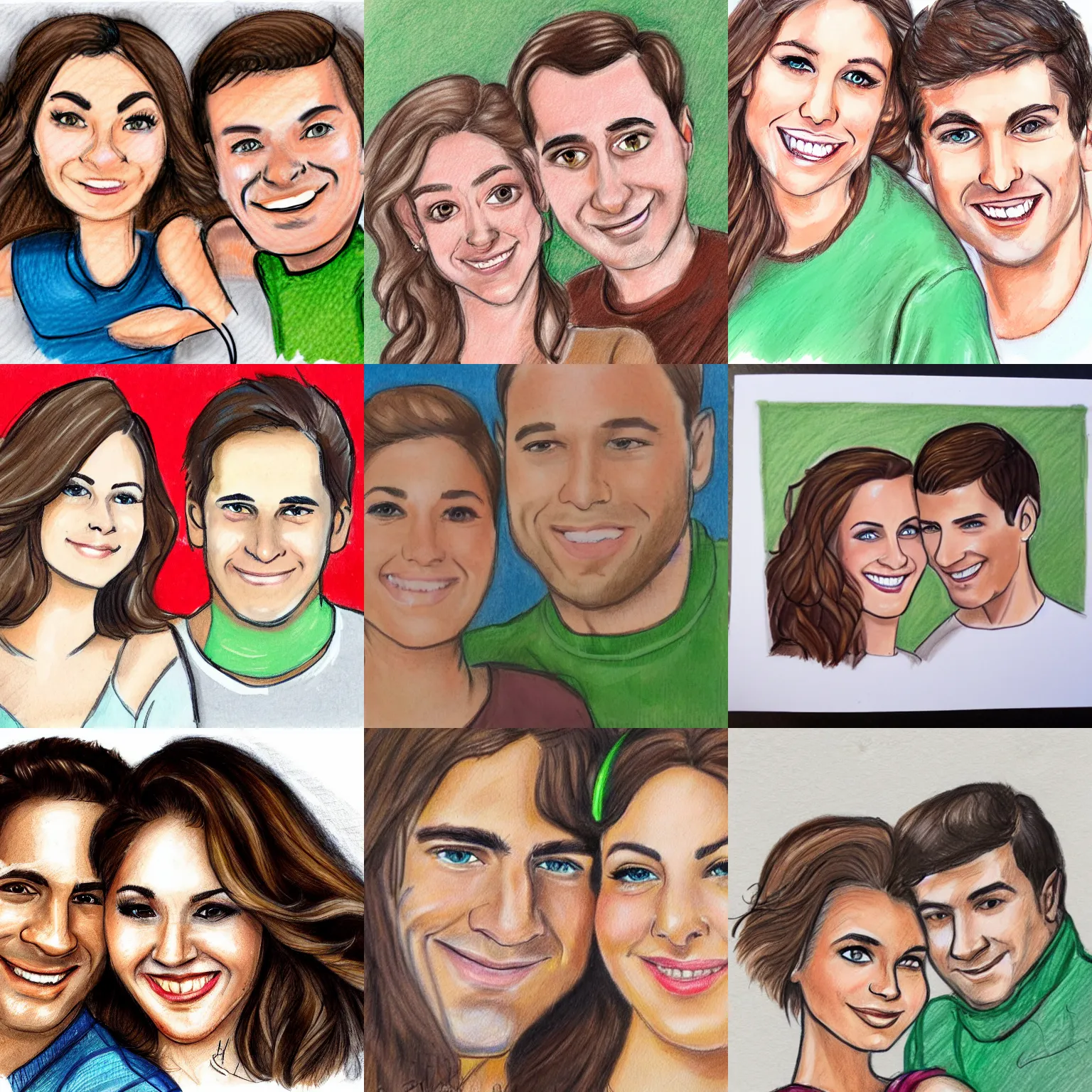Prompt: Sketch of happy couple. Clean shaven man with light brown hair and hazel eyes, woman with wavy dark brown hair and green eyes, done by expert sketch artist, full color.
