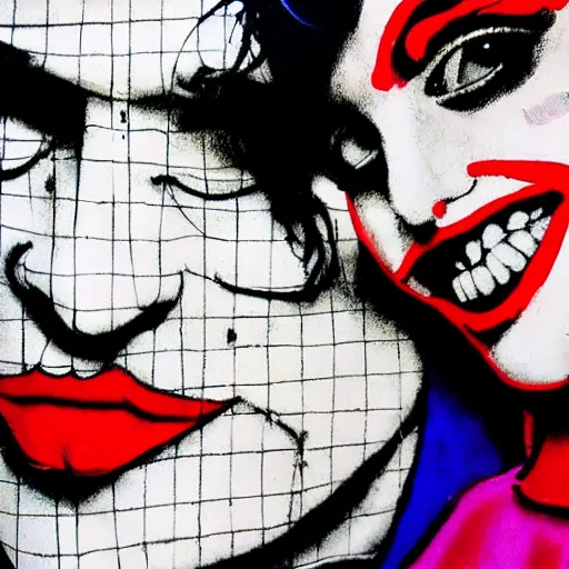 Prompt: mimmo rottela and banksy as joaquin phoenix skinny joker holding hand lady gaga harley queen, very realistic, intricate details, pop art style, concept art, confident, love, random object movement, 3 colours, proportional size, warm color, 4 k, ultra smooth, sharp focus