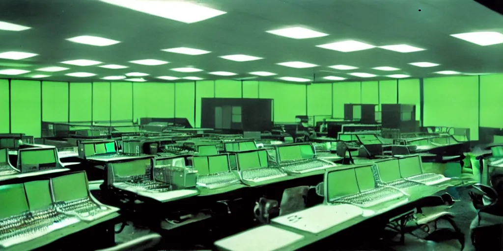 Image similar to a large 1970's computing room with 9-track machines and green glowing screens. by IBM by Amdahl.