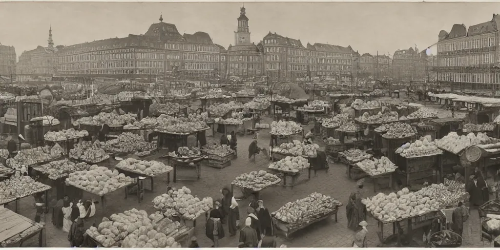 Image similar to 1 8 th century picture of the hamburg fischmarkt, food stalls, vegetable stands, fishmongers, 1 9 0 0 s photography