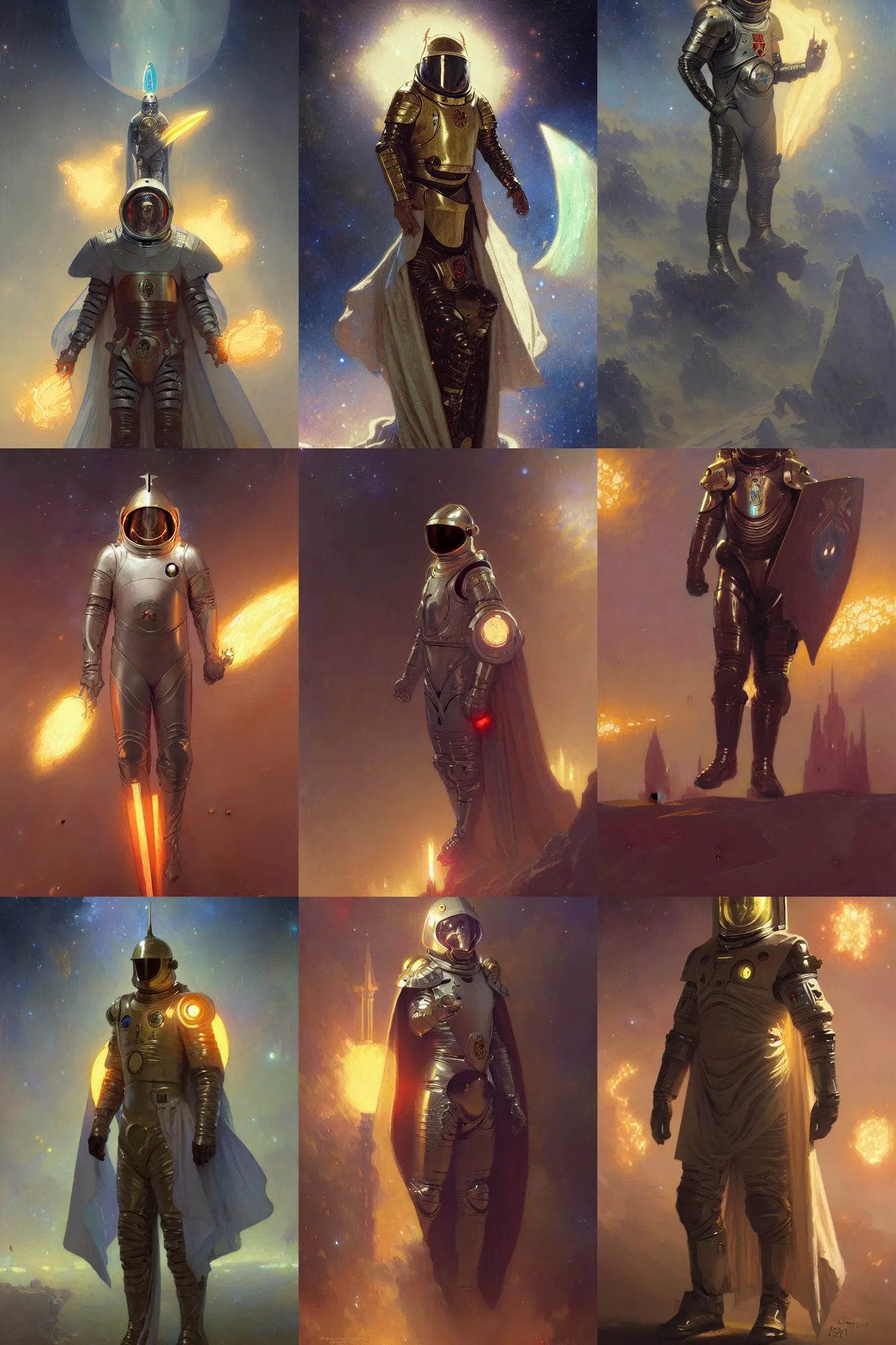 Prompt: knights templar in a space suit with glowing cape, futurism, character design, painting by gaston bussiere, greg rutkowski, artgerm, alphonse mucha, trending on artstation