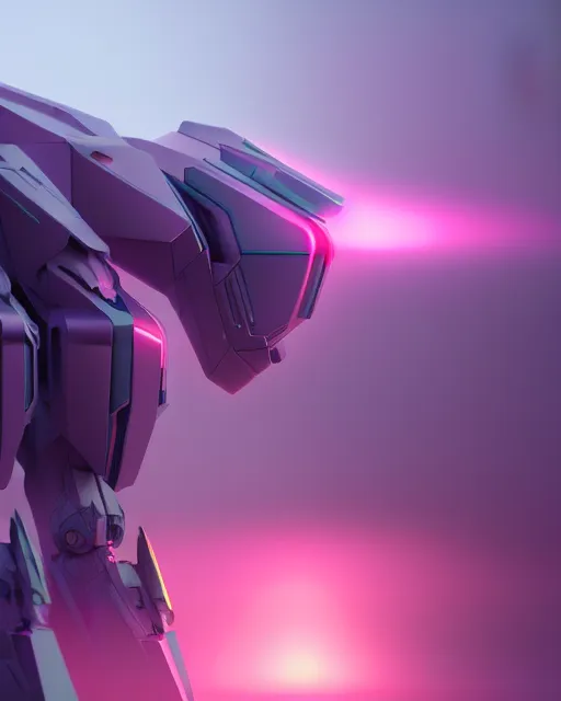 Image similar to hyperrealistic 3d render full mecha iridescent pink foggy landscape concept art vray ute osterwald de chirico sharp cinematic very moody light 8k low angle shallow depth of field