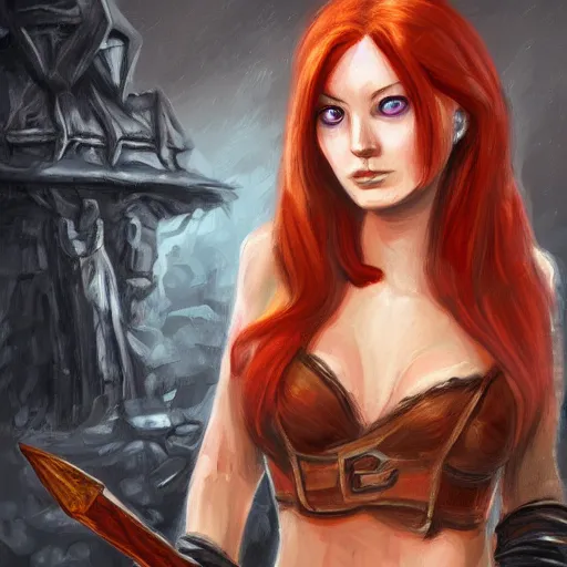 Prompt: portrait of a petite female redhead rogue who is wearing an eye patch, in the background is a bar brawl, D&D, fantasy digital painting, sharp focus, extreme detail