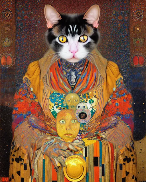 Image similar to clown cat portrait an oil painting splashes with many colors and shapes by gustav klimt greg rutkowski and alphonse mucha, polycount, generative art, psychedelic, fractalism, glitch art