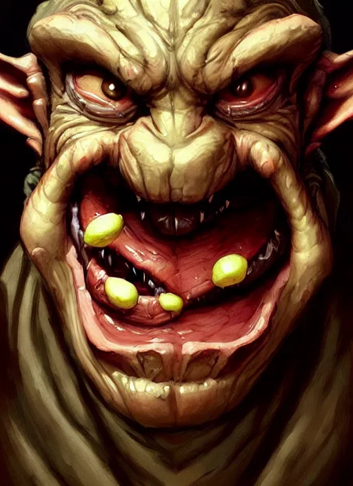 Image similar to face portrait of a medieval goblin eating cakes, beautiful face, hyper realistic, highly detailed, digital painting, artstation, illustration, concept art by hyung tae and frank frazetta, digital paint, matte paint, washed colors, dark, gloomy