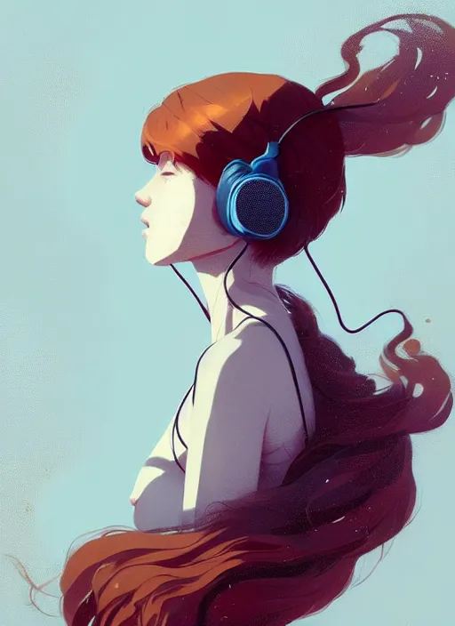 Prompt: beautiful artistic - wave highly detailed full body portrait female, with head phones, long red hair, perfect body anatomy, by atey ghailan, by greg rutkowski, by greg tocchini, by james gilleard, by joe fenton, by kaethe butcher, dynamic lighting, gradient light blue, brown, blonde cream and white color scheme, grunge aesthetic