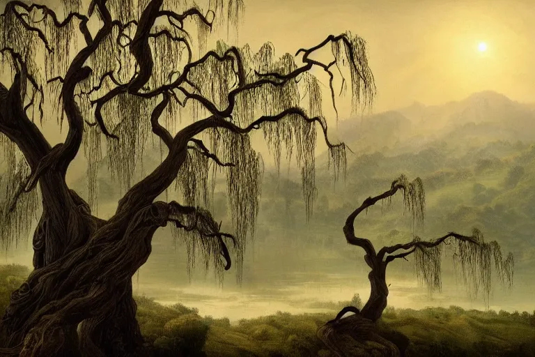 Prompt: masterpiece painting of the old man willow ebony tree of life on a hillside overlooking a creek, dramatic lighting, malign tree - spirit of great age, hyperrealism concept art of highly detailed by andreas franke