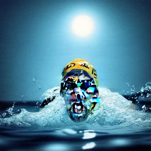 Image similar to michael phelps swimming in the pacific ocean, closeup, portrait, moonlit, dark, ominous, illustration, volumetric light, highly detailed