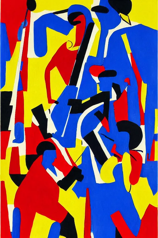Image similar to Abstract painting representation of jazz musicians, the letters JAZZ in the style of Stuart Davis colors cobalt blue, ultramarine blue, yellow, red, white, black
