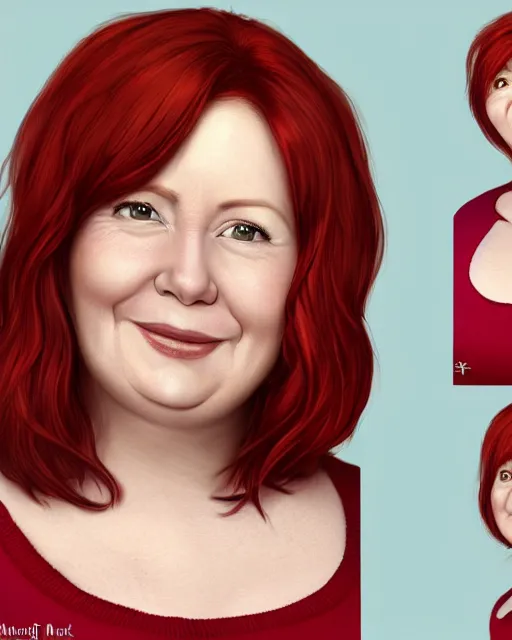 Image similar to portrait of short and plump 5 0 - year - old woman with red hair and, happy kind face, round face, short hair, molly weasley, wearing in cardigan, hyper realistic face, beautiful eyes, character art, art by mark brooks, hyperdetailed, cryengine, trending on artstation, digital art