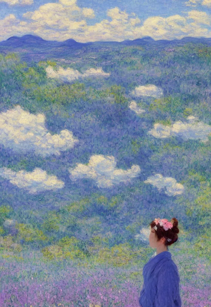 Image similar to tiny character in front of a beautiful japanese country side landscape, bleu sky, magnificient clouds, lofi vibe, vivide colors, amazing light, really beautiful nature, oil painting, impressionist style, by jeremy lipkin, by claude monet, by ghibli, kandinsky touches, multiple brush strokes, masterpiece