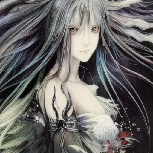 Prompt: blurred and dreamy character design by yoshitaka amano of an anime girl with black eyes, wavy white hair fluttering in the wind wearing elden ring armor with engraving, abstract black and white patterns on the background, noisy film grain effect, highly detailed, renaissance oil painting, weird portrait angle, yoshitaka amano color palette, three quarter view