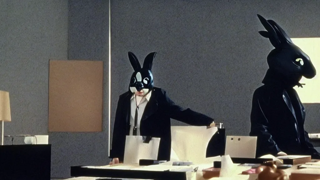 Image similar to a man in a trench coat wearing a black rabbit mask in a luxury mega corporation office , film still from the an anime directed by Katsuhiro Otomo with art direction by Salvador Dalí, wide lens