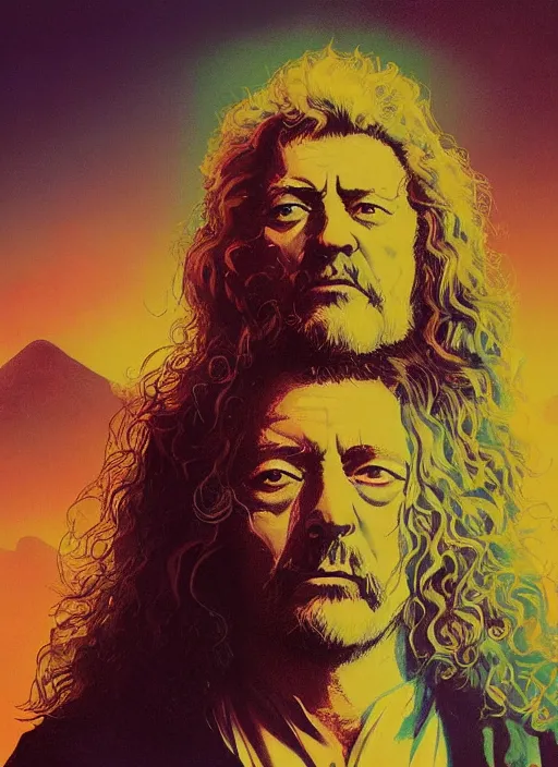 Prompt: led zeppelin poster artwork by michael whelan and tomer hanuka, rendering of close up portrait of robert plant, full of details, by makoto shinkai and thomas kinkade, matte painting, trending on artstation and unreal engine