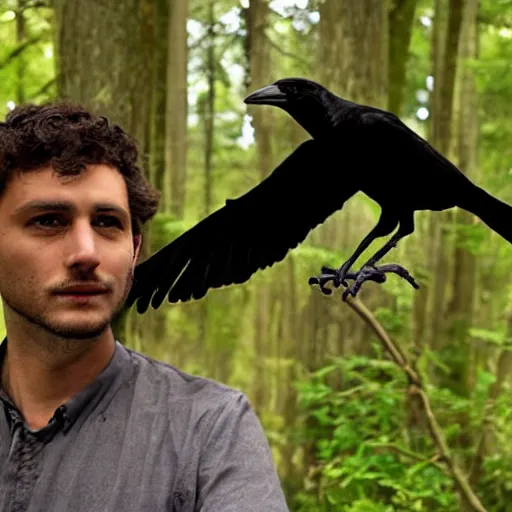 Image similar to male human and crow!! chimera, photograph captured in a forest