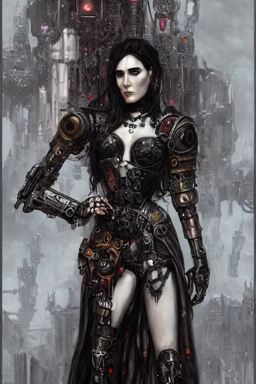 Prompt: beautiful gothic Jennifer Connelly, cyberpunk, Warhammer, highly detailed, artstation, illustration, art by Gustav Klimt