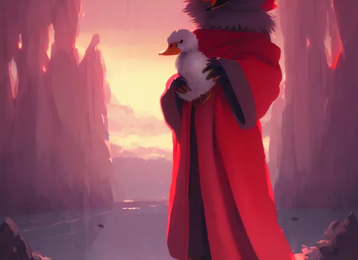 Image similar to cute fluffy mallard duck wearing red cultist robe, details, fantasy, epic, sacrificial altar, landscape illustration concept art anime key visual trending pixiv fanbox by wlop and greg rutkowski and makoto shinkai and studio ghibli and kyoto animation symmetrical facial features