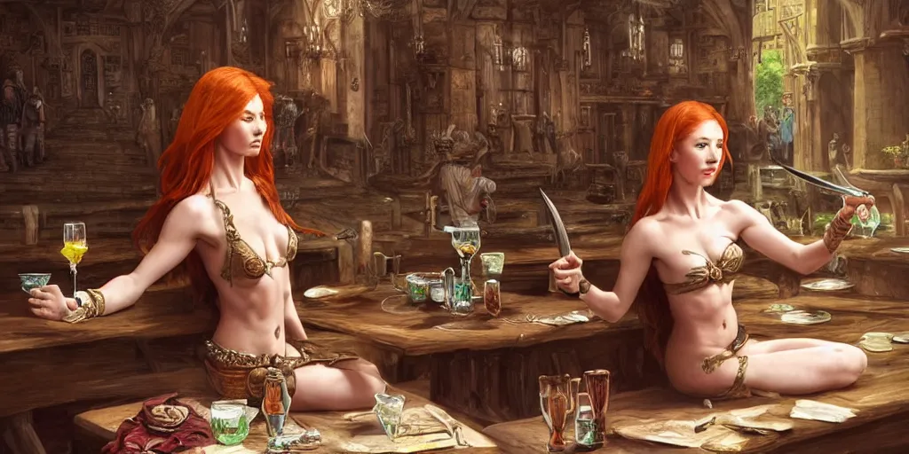 Image similar to ginger woman, sitting and drinking in an ancien tavern and playing with a knife, attractive, warrior, magic the gathering, action pose, ancient, sand, emerald, intricate, highly detailed, digital painting, artstation, concept art, smooth, sharp focus, illustration, Unreal Engine 5, 8K, art by artgerm and greg rutkowski and alphonse mucha