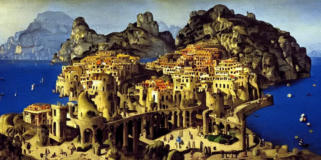 Prompt: a painting of ancient roman village in amalfi coast hill by yves tanguy and vermeer and botticelli, dramatic lighting, analogous complementary colour scheme, vivid colours