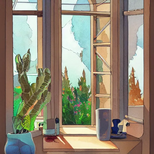 Image similar to a painting beautiful window open, digital illustration, colorful architectural drawing, watercolor painting, behance contest winner, vintage, native art, trend in behance hd, 2 d game art, detailed painting