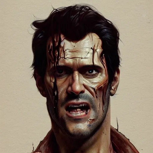 Prompt: portrait of the man from Evil Dead movie Ash Williams, \'Groovy\' fantasy, intricate, elegant, highly detailed, digital painting, artstation, concept art, smooth, sharp focus, illustration, art by artgerm and greg rutkowski and alphonse mucha