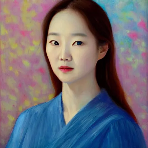 Prompt: portrait of Jeon So-Min (전소민) in golden hour, oil painting