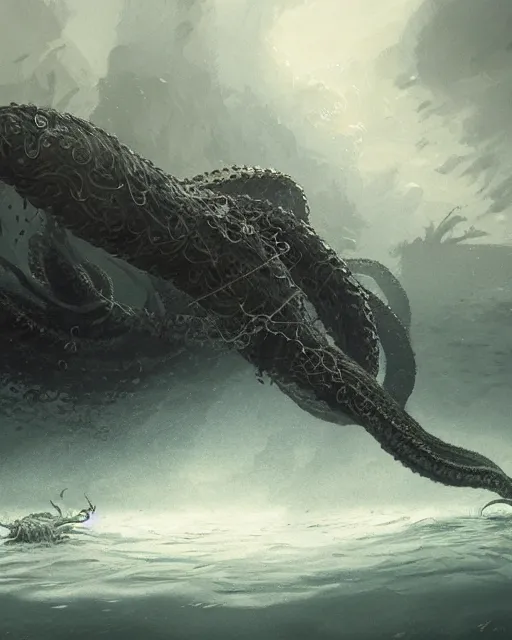 Image similar to An invisible Kraken in the middle of the sea, fantasy art, in the style of greg rutkowski, illustration, epic, fantasy, intricate, hyper detailed, artstation, concept art, smooth, sharp focus, ray tracing
