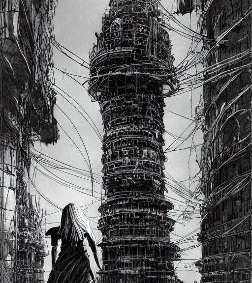 Image similar to tarkovsky scene, epic ancient tower of babylon below a woman in transparent cyber clothing, hyperrealistic, blame, manga style, by tsutomu nihei, cyber architecture, concept art, hyper - detailed, smooth, masterpiece, epic, cinematic, high quality