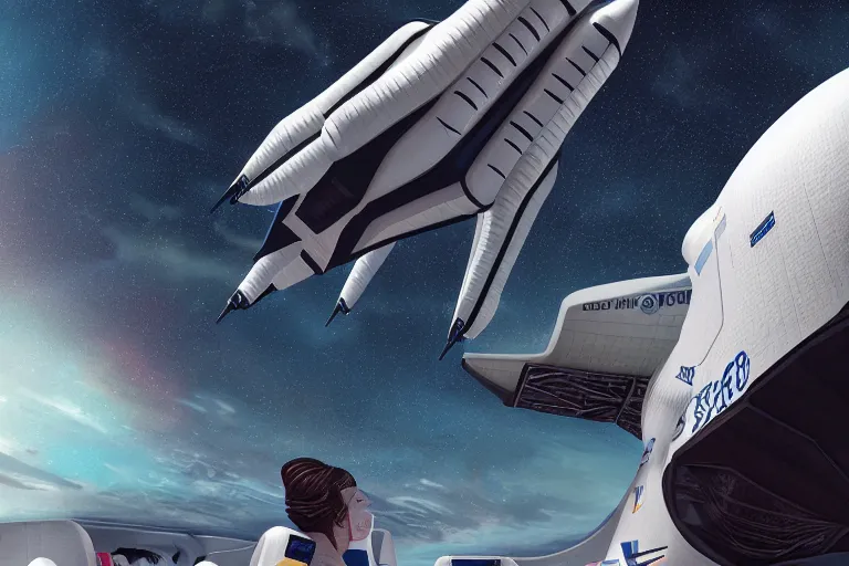 Image similar to close up portrait of the last two people on earth, futuristic space shuttle has taken off behind them, highly detailed, bold colouring, digital painting, artstation, concept art, smooth, sharp focus, illustration, art by mike winklemann and matt schu