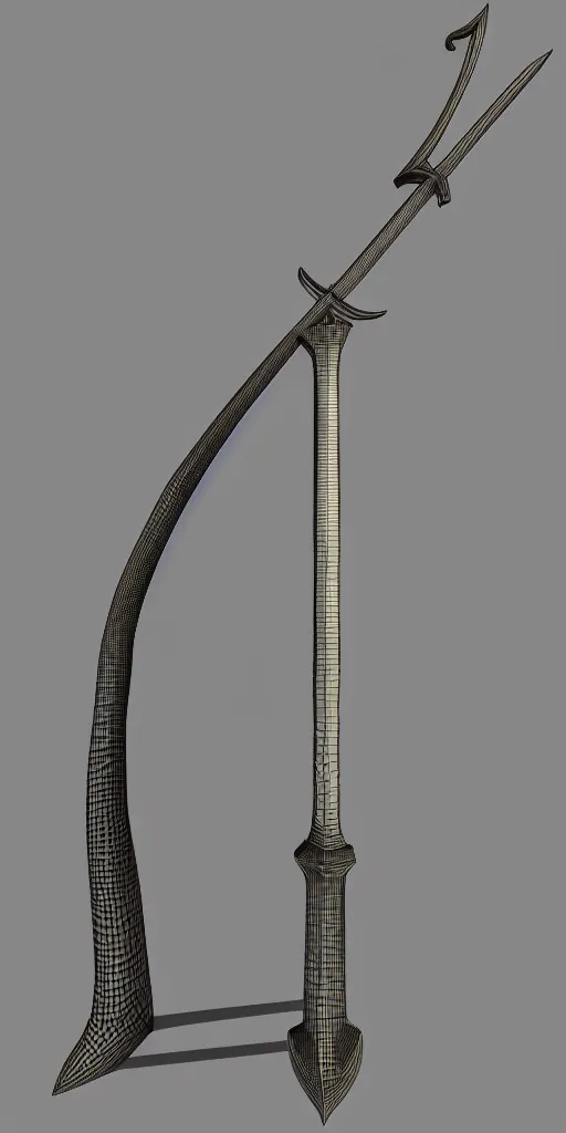 Image similar to a 3d model of a long sword, positioned vertically in the center, visible from the top to the bottom