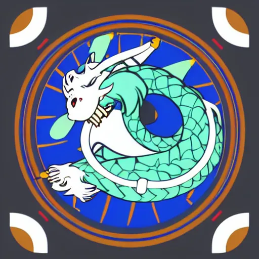 Image similar to svg sticker, centered, round-cropped, white-space-surrounding, Dragon listening to headphones, flat colors, vector art