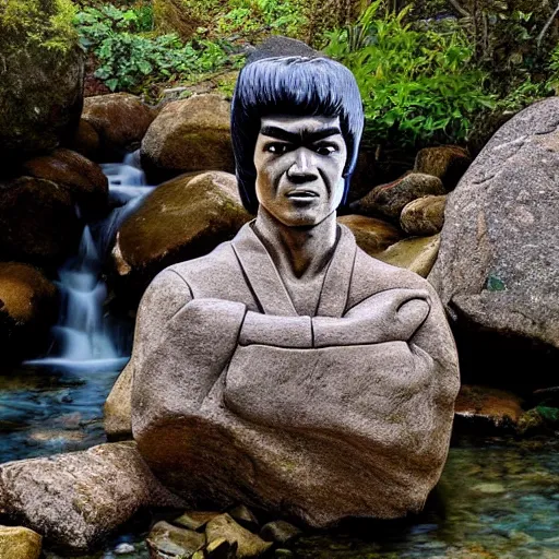 Image similar to A rock sculpture of Bruce Lee hidden in the middle of a mountain stream