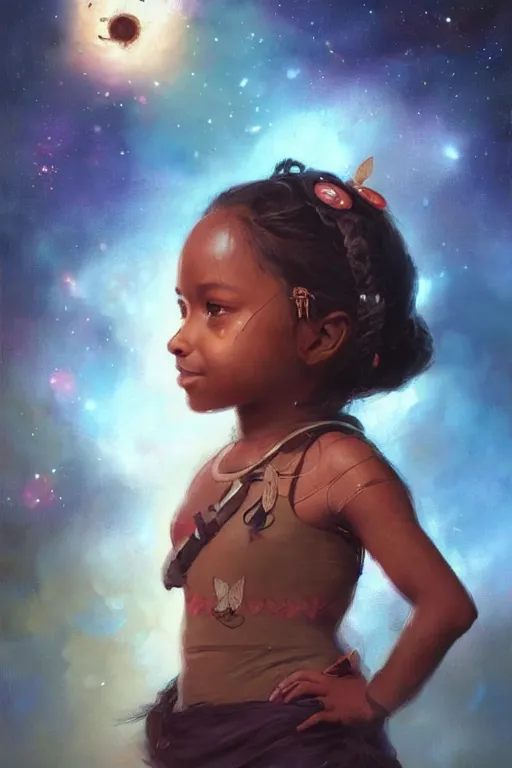 Prompt: a little girl, brown skin, with little pigtails, floating in space. clean, painting, beautiful detailed face, lots of butterflies. by raymond swanland and artgerm and greg rutkowski