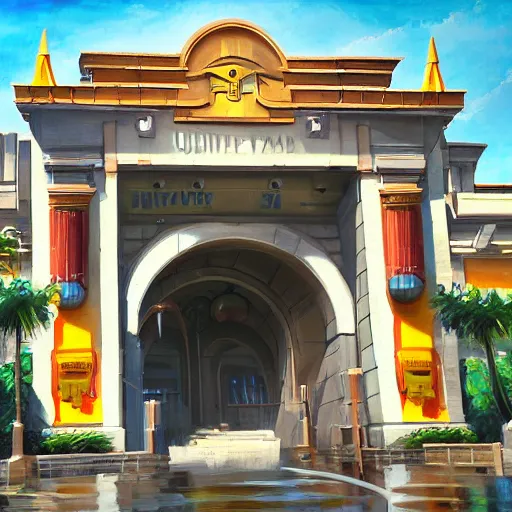 Image similar to painting of universal studios entrance, artstation