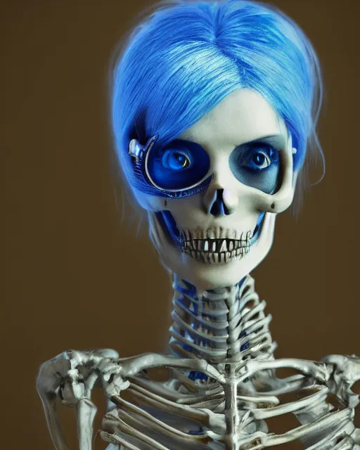 Image similar to natural light, soft focus portrait of a cyberpunk skeletal corpsebride, octane render, tilt shift, polaeized light, blue bioluminescent plastics, smooth shiny metal, elaborate ornate head piece, piercings, skin textures, by annie leibovitz, paul lehr